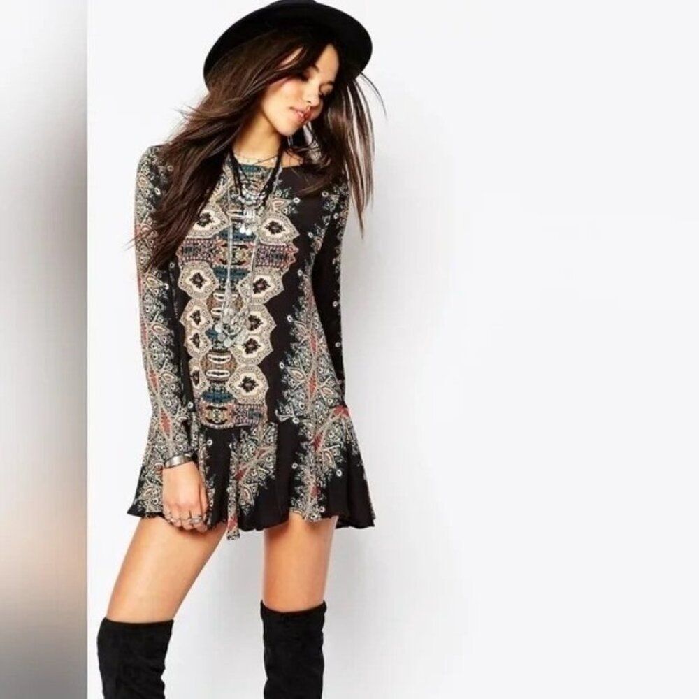Free People Black Paisley-Print Long Sleeve Mini Dress - Picture 9 of 9